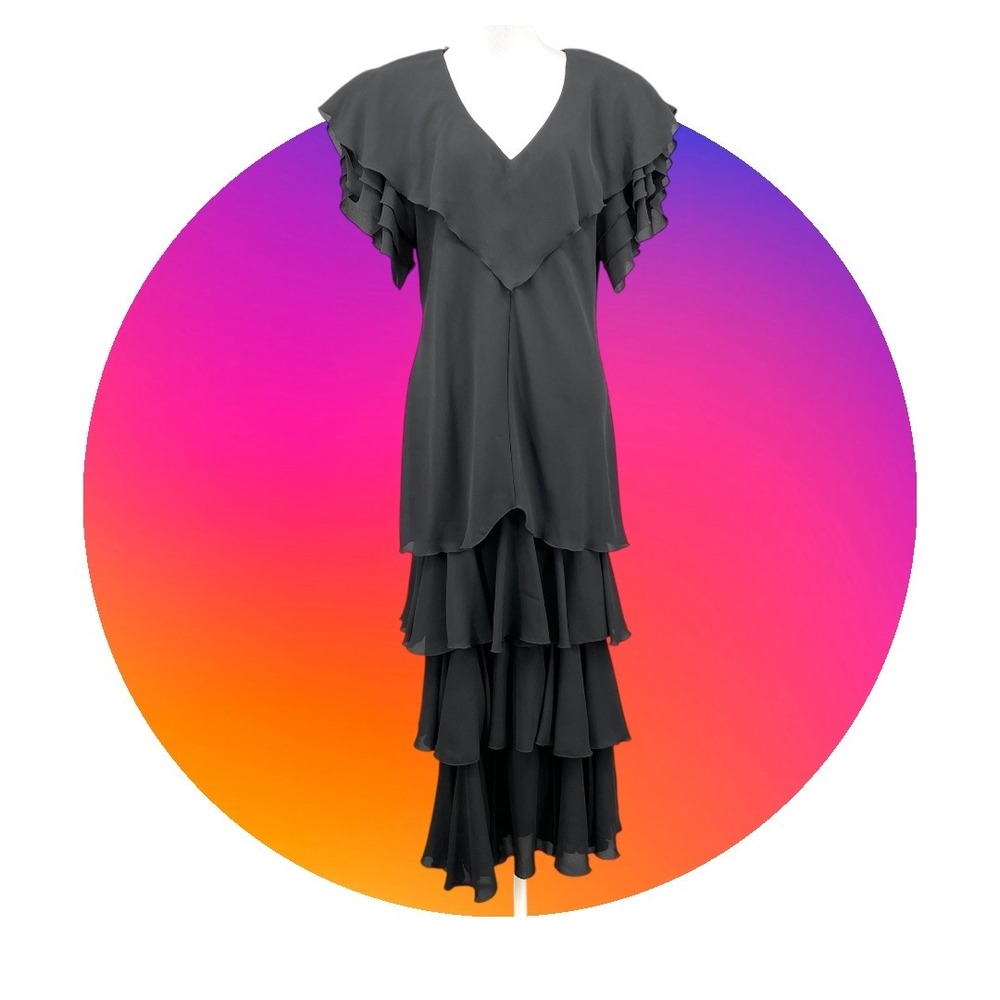Vintage 90s After Dark Black Ruffle Tiered Maxi Dress Whimsigoth‎ 14 Witch M-L
